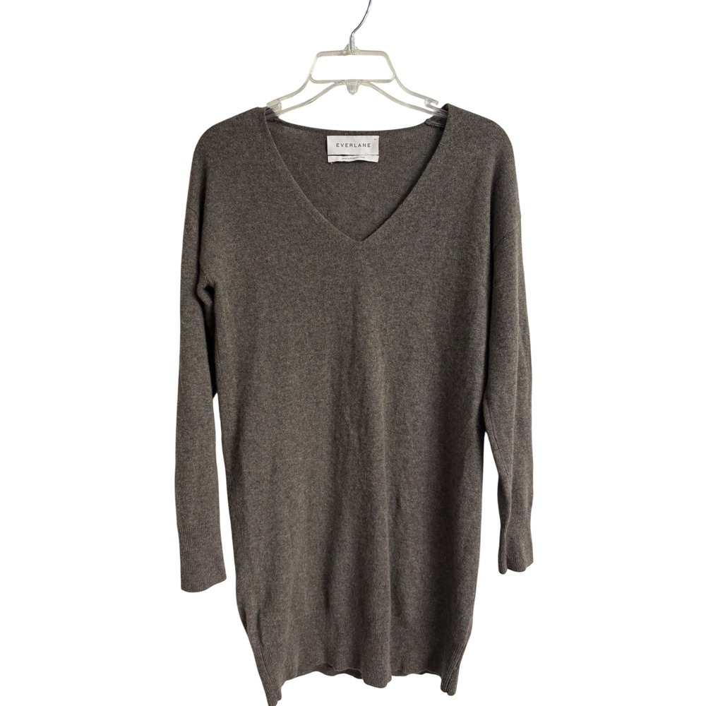 Everlane 100% Cashmere Sweater Dress XS Gray V-Neck Long Tunic Quiet Luxury